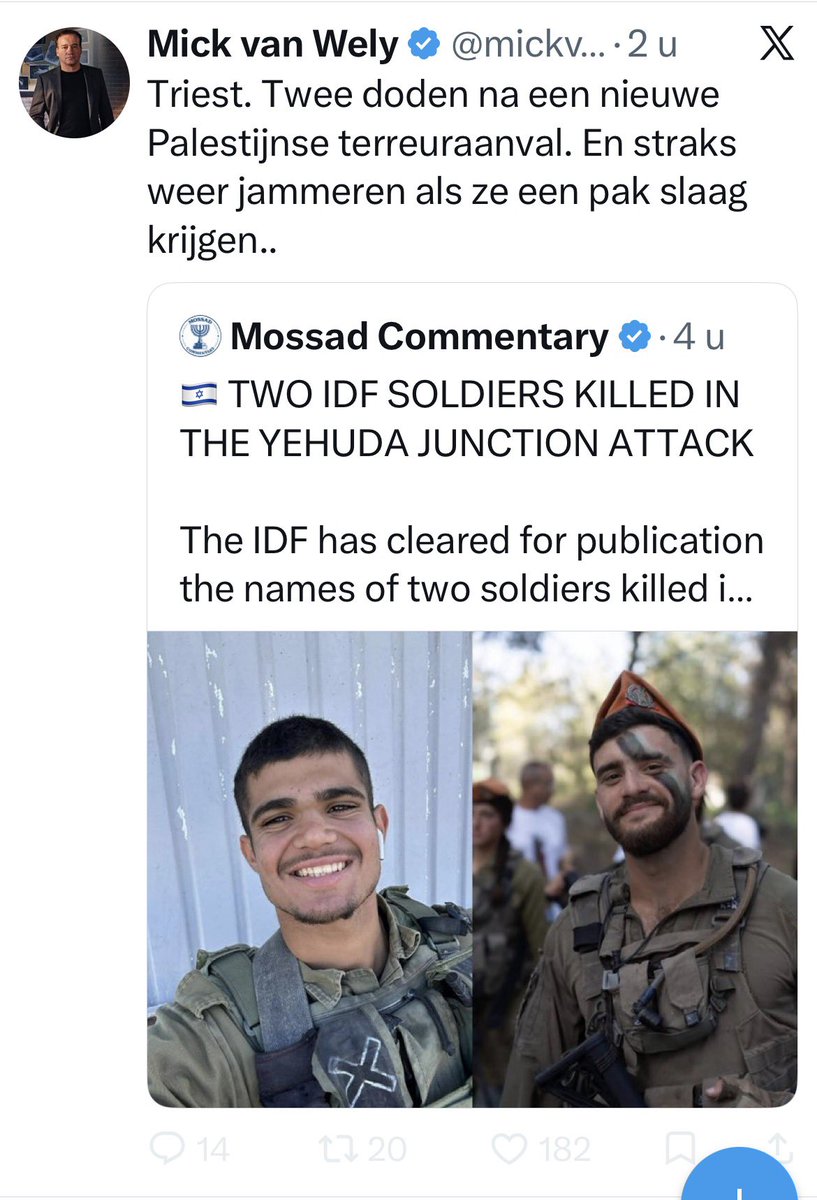 Radlab72's tweet photo. Ex @Telegraaf viezerik @mickvanwely begrijpt niet dat Palestijnen op de al 59 jaar door #ApartheidIsrael militair bezette Westoever het RECHT hebben op
gewelddadig verzet tegen hun bezetters. https://t.co/2Xb2Gvnwk3