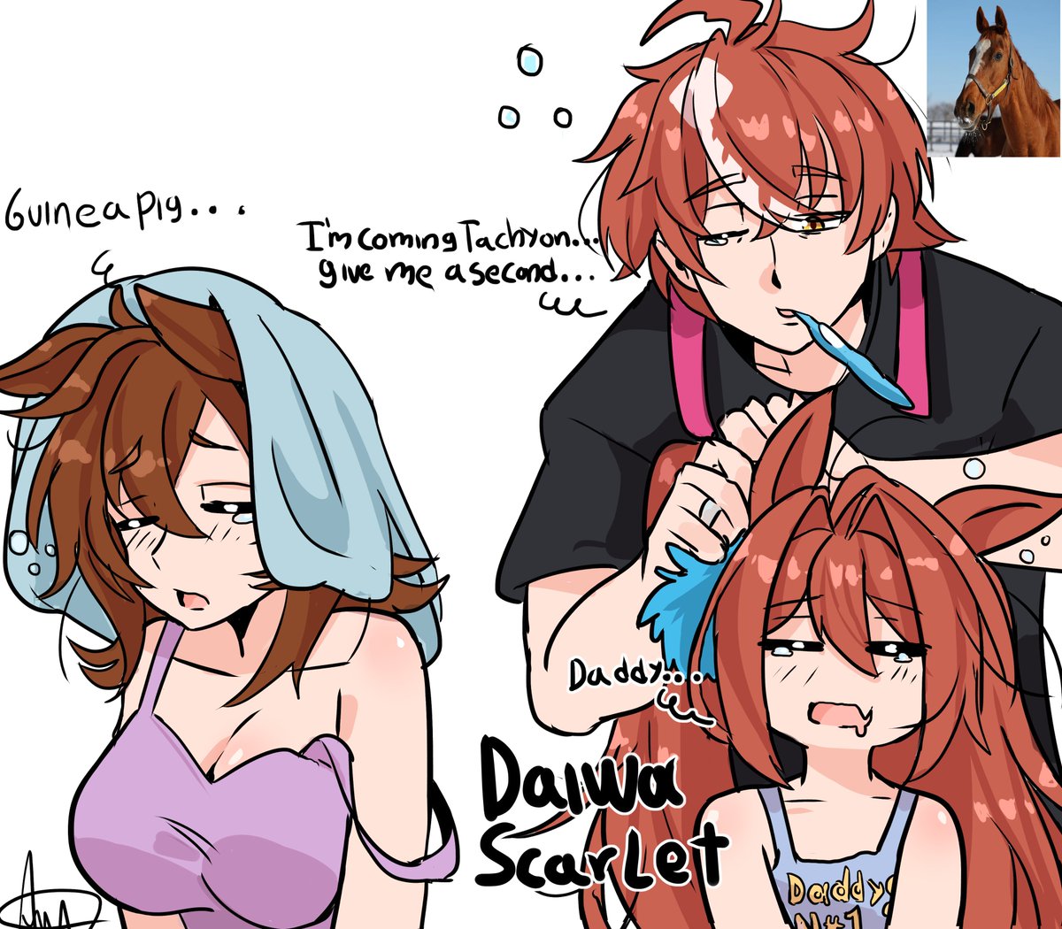 doberslover23's tweet photo. More  Uma Families   

A quiet morning in the Tachyon family, our guinea pig finds himself having to raise both a daughter and a wife, and little Daiwa hogging Daddy hehe
#art #ウマ娘 #Umamusume https://t.co/uxqKJWajp4