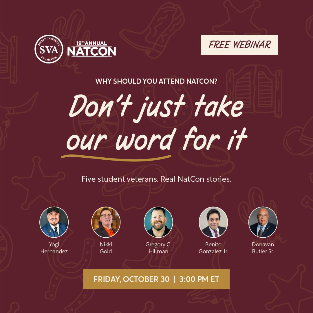 studentvets's tweet photo. Curious about NatCon? Give us 1 hour.

Student veterans who've been there tell it straight, then answer your questions live. Fri, Oct. 30, 3 PM ET.

Save your seat: https://t.co/AbJcSJe8bf

#NatCon2027 #WeAreSVA https://t.co/YqlihAS2qz