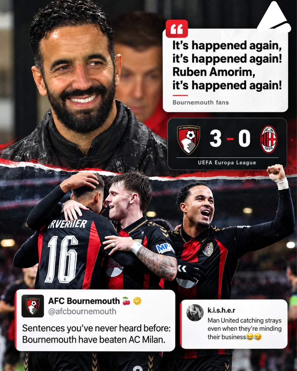 ACTXIONAPP's tweet photo. Different club. Same Bournemouth problem 😭🍒

“Ruben Amorim, it’s happened again!”

Bournemouth beat his Milan side 3–0 and brought back the chant. Even Amorim couldn’t help smiling 😂

United weren’t playing and still caught strays in the comments. https://t.co/6VNznr13Vq