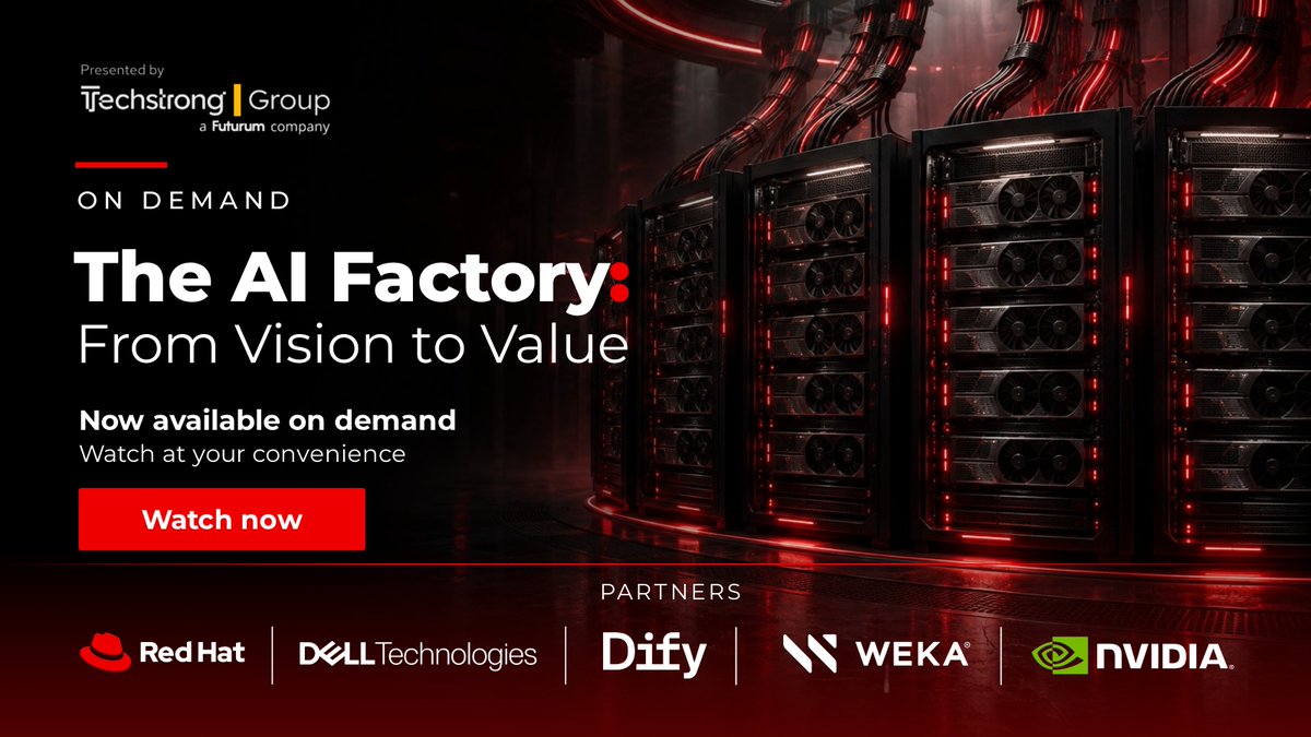 Techstrongai's tweet photo. How do you get from AI experimentation to measurable business value?

That question is at the heart of 𝘛𝘩𝘦 𝘈𝘐 𝘍𝘢𝘤𝘵𝘰𝘳𝘺: 𝘍𝘳𝘰𝘮 𝘝𝘪𝘴𝘪𝘰𝘯 𝘵𝘰 𝘝𝘢𝘭𝘶𝘦, now streaming on demand. The sessions explore how open platforms, accelerated computing and sovereign AI strategies help enterprises build AI that lasts.

Catch every session on demand: https://t.co/OVaDFtarrS    

#EnterpriseAI #AIInfrastructure #AIStrategy #ArtificialIntelligence