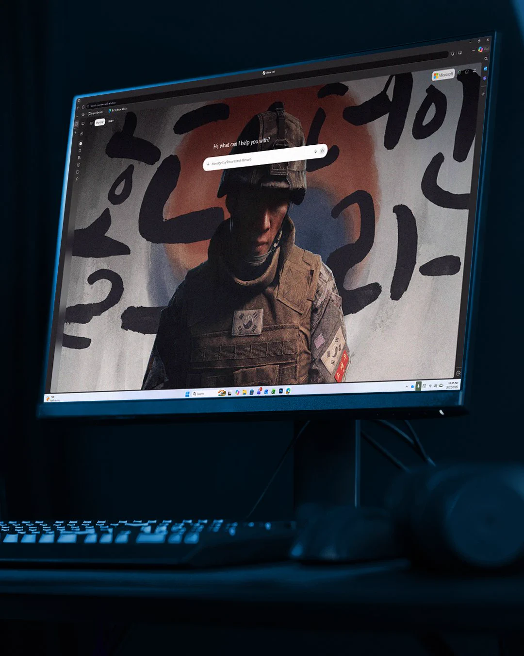 Microsoft Edge displayed on a monitor with a Call of Duty: Modern Warfare theme featuring a soldier against a graphic black-and-red background. The setup is illuminated by dark blue lighting.