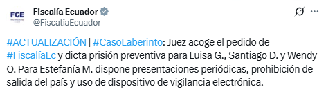 notimundoec's tweet photo. 🔴#AHORA | Dictan prisión preventiva contra Luisa González, Santiago Díaz y Wendy Onofre, investigados por presunto lavado de activos en el caso Laberinto. La Fiscalía General del Estado confirmó la decisión judicial este viernes 23 de octubre de 2026. https://t.co/ufaf9M75gf