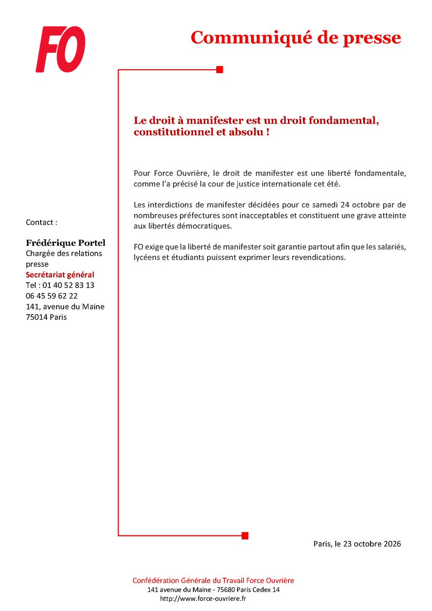 force_ouvriere's tweet photo. [CP : Le droit à manifester est un droit fondamental, constitutionnel et absolu !]

Les interdictions de manifester sont inacceptables et constituent une grave atteinte aux libertés démocratiques.

FO exige que la liberté de manifester soit garantie partout. https://t.co/rUk2Add8ci