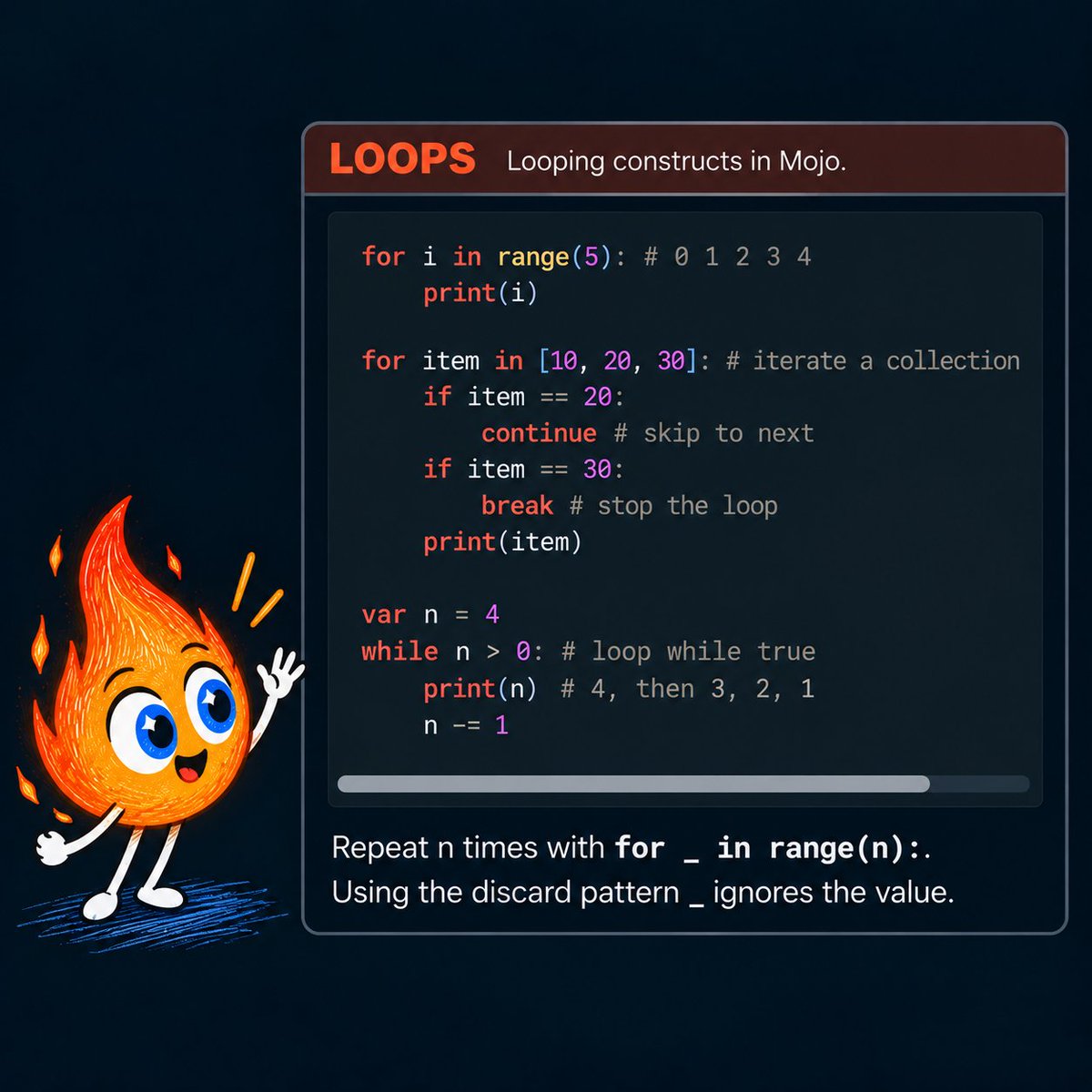 Modular's tweet photo. If you write Python loops, you can already write Mojo loops. The syntax is the same: for, while, break, continue.

To repeat something n times, use for _ in range(n):

Comprehensions work, too, i.e. [x * x for x in range(5)]

The biggest difference is speed. Mojo compiles your loop to native machine code, while Python interprets one step at a time.

We counted the primes below 2 million with the same trial-division loop in both languages (no sieve): Python took 2.8 seconds, Mojo took 57 ms.

More quick references in the Mojo cheat sheets: https://t.co/SIz87amjpm