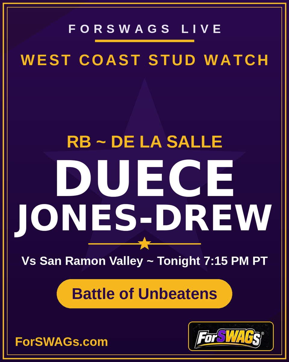 Forswags's tweet photo. WEST COAST STUD WATCH: @Duecejd2 carries the rock for De La Salle (7-0) vs San Ramon Valley (7-0) tonight, 7:15 PT. Battle of unbeatens in Concord. Somebody's zero goes home gone. https://t.co/mEoSxmVvA5