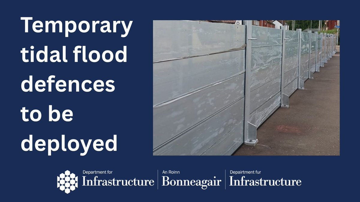 deptinfra's tweet photo. As a precautionary measure, in advance of adverse weather associated with #StormBoelo, the Department will be deploying a portion of the temporary flood defences associated with the Belfast Tidal Flood Alleviation Scheme at Lockview Road and Laganbank Road, Belfast.

We apologise in advance for any inconvenience caused to people travelling in the area. Rivers staff will continue to monitor high tides at sensitive locations along the coast over the weekend. 

#StormBoelo