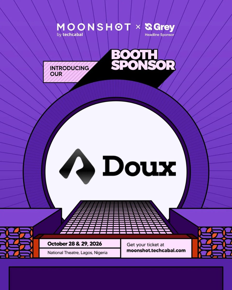TechCabal's tweet photo. We're excited to announce that Doux is a Moonshot 2026 Booth Sponsor!

Doux is a fintech app that helps individuals and businesses send and receive payments across borders, offering virtual cards and built-in support for digital assets. Doux makes moving money across cities, currencies, and borders feel as effortless as it looks.

Join the institutions, ecosystem leaders, researchers, builders, founders, and investors shaping Africa's future at Moonshot 2026. Visit https://t.co/XAoAlrSsm5 to secure your ticket now.

#Moonshot2026 #MoonshotByTechCabal #CourageAndConviction