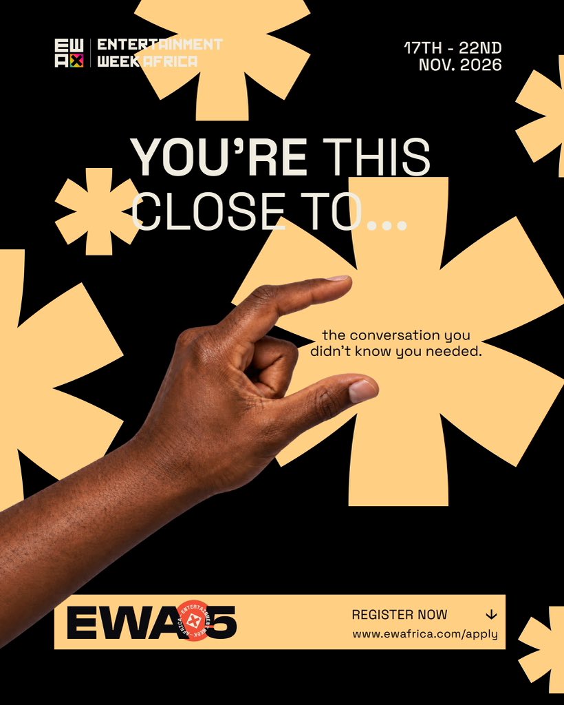 ewafrica_'s tweet photo. You’re closer than you think. One conversation, one connection could open a door. The right people could be at EWA 2026. Will you be there?

Nov 17–22 | Lagos
Free entry. Link in bio.

#EWA2026 #EntertainmentWeekAfrica #CreativeEconomy https://t.co/jj8EzBcds2