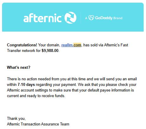 metauniversum's tweet photo. Alright as promised another one from last year.

Registered it as a typo of "realm" but during that time I also received offers on similar LM and LLM names. I feel like I could have gotten more but I took the money and reinvested.

Hold time: 2 - 3 years.

Thanks to @afternic https://t.co/GN5VZP6IxY