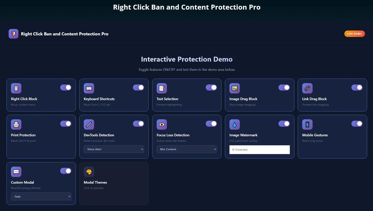 srkkhn007's tweet photo. Right Click Ban and Content Protection Pro safeguards your original images, text, and source code instantly.
Use coupon code "BIGSAVE"
Secure your website: https://t.co/aJgUMOfKNV
#WordPressPlugins #CyberSecurity #ContentProtection #WebDev https://t.co/JLiBXJIHJ9