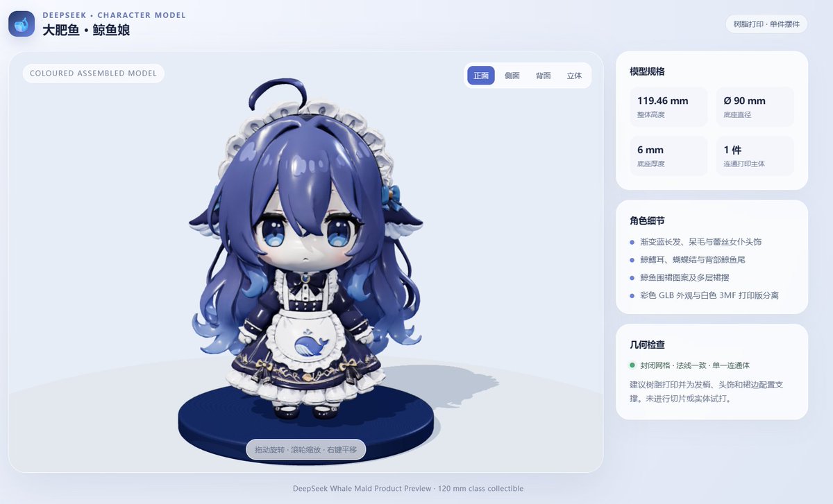 gpuhell's tweet photo. Kimi 3D Make is crazy. It generated DeepSeek chan (大肥鱼 | 鲸鱼娘) given a picture.
It outputs printable model. You can view it online :
https://t.co/OVoP2glPod https://t.co/3RwzzoaijL