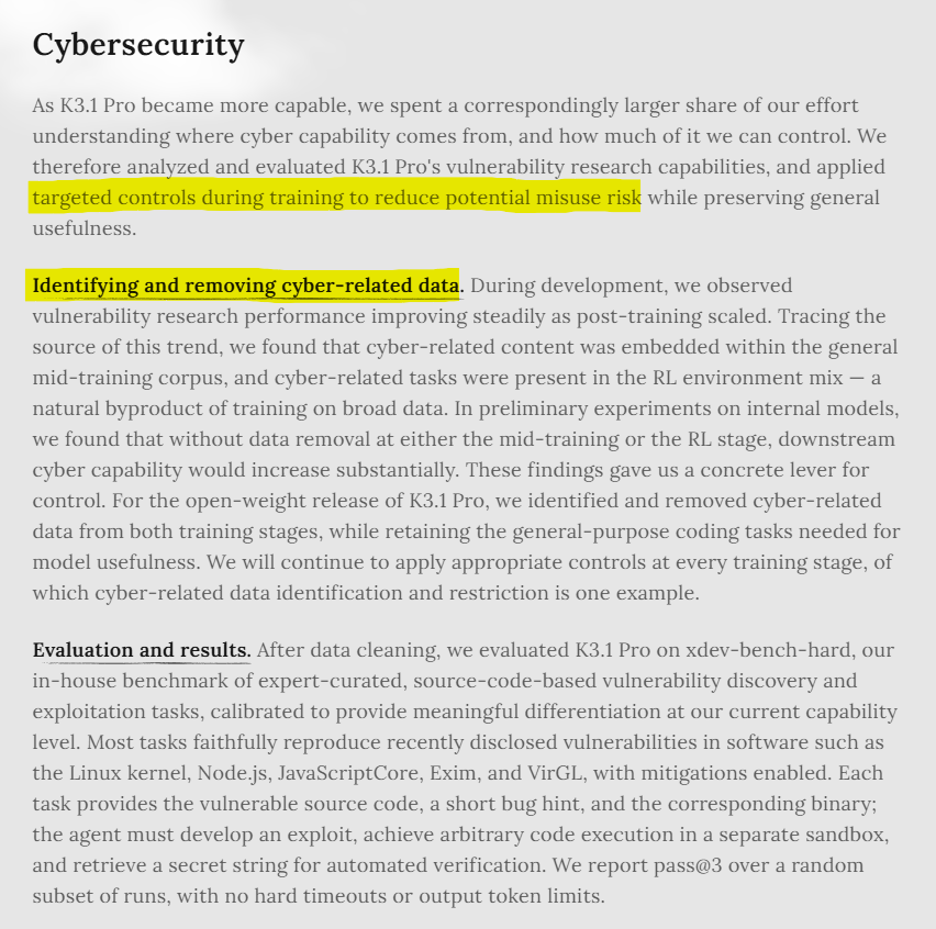 scaling01's tweet photo. Moonshot removed cyber-related data from training, as "without data removal [...] downstream cyber capability would increase substantially"

Is China stopping the cybermaxxing? https://t.co/E458Ly8z2K