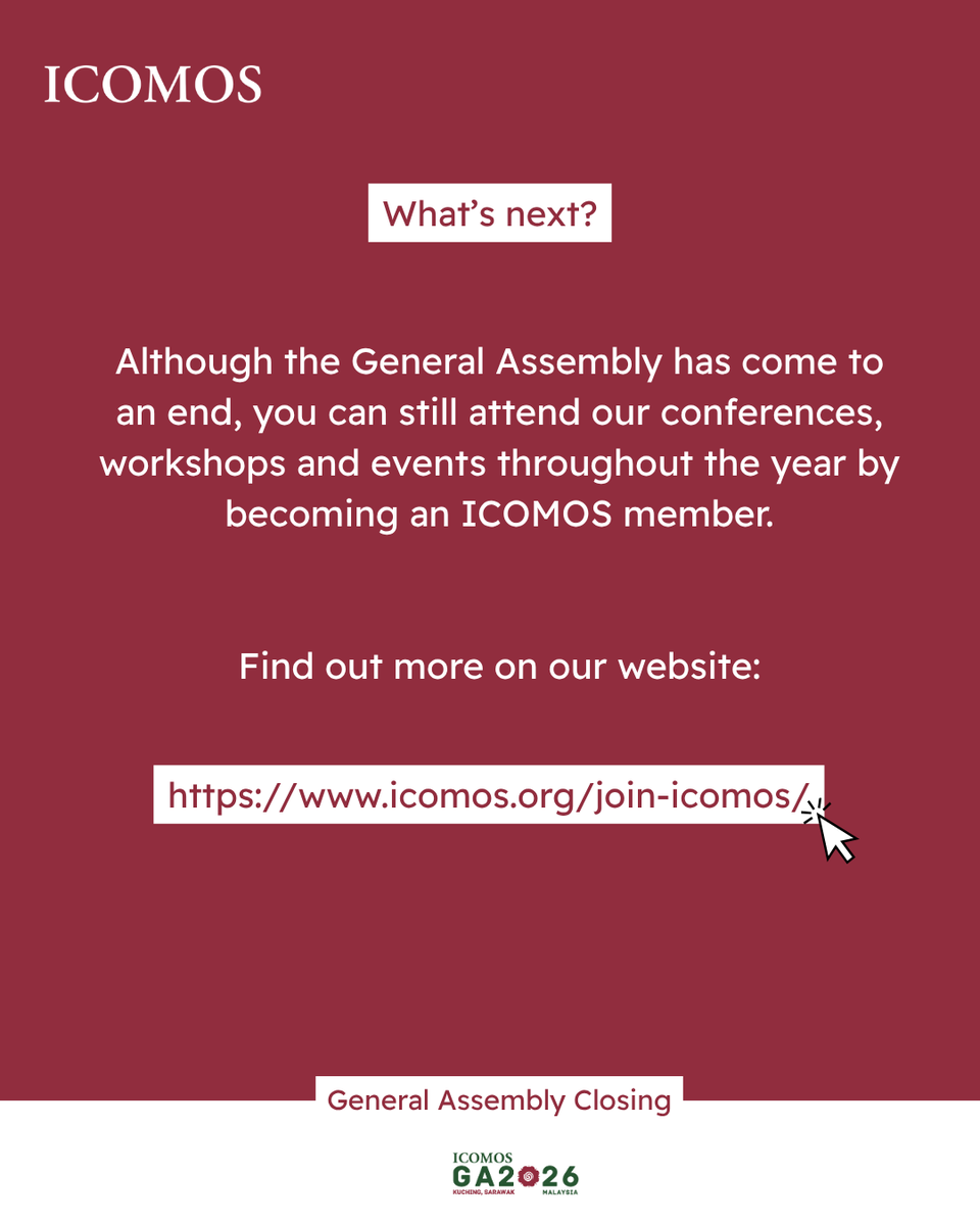 ICOMOS's tweet photo. ICOMOS GENERAL ASSEMBLY 2026 | Closing of the General Assembly
The ICOMOS 2026 General Assembly is currently closing in Malaysia.

You can read about the adopted resolutions, the doctrinal texts and the Kuching Declaration in this post.

To know more:

▪️Follow the closing ceremony live (and replay) ➡️https://t.co/kyBNH1XoQL
▪️Read the Kuching Declaration ➡️https://t.co/z4oCvFa4ww

#ICOMOSGA2026 #ICOMOS #HeritageConservation #GlobalHeritage