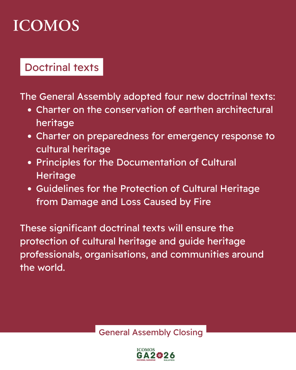 ICOMOS's tweet photo. ICOMOS GENERAL ASSEMBLY 2026 | Closing of the General Assembly
The ICOMOS 2026 General Assembly is currently closing in Malaysia.

You can read about the adopted resolutions, the doctrinal texts and the Kuching Declaration in this post.

To know more:

▪️Follow the closing ceremony live (and replay) ➡️https://t.co/kyBNH1XoQL
▪️Read the Kuching Declaration ➡️https://t.co/z4oCvFa4ww

#ICOMOSGA2026 #ICOMOS #HeritageConservation #GlobalHeritage