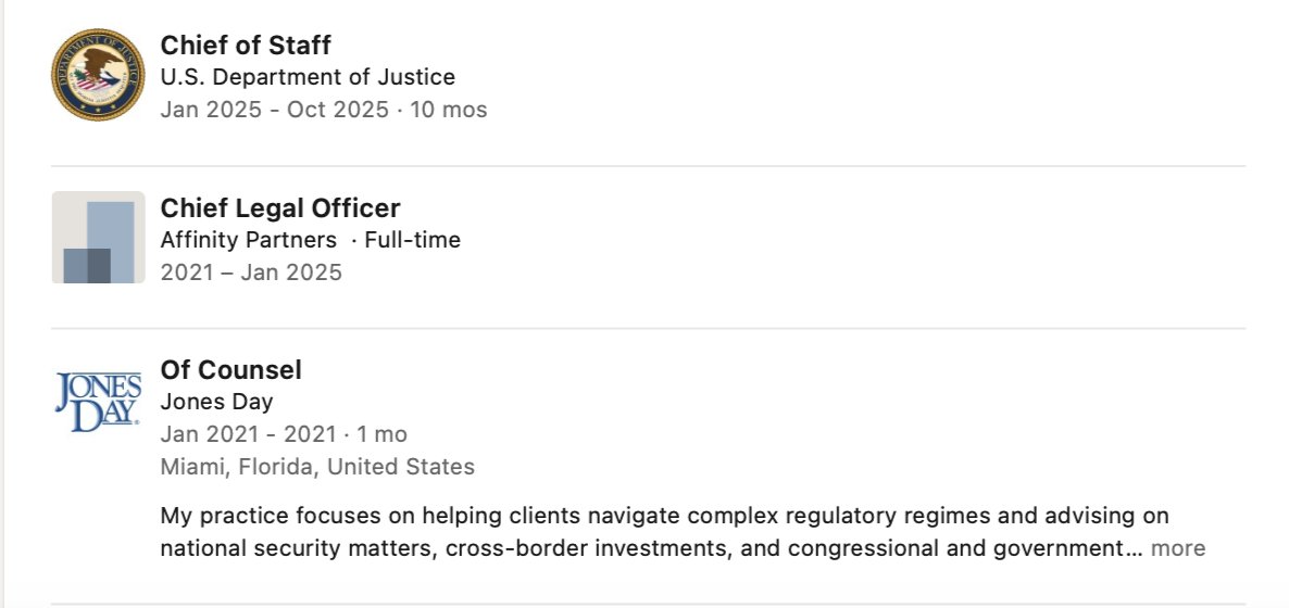 TJHSSTParents's tweet photo. @chad_mizelle Wow--took some work bc Chad hasn't updated his LinkedIn but he's at America First Policy Institute.  Posting this so people aren't continually confused whether he's at DOJ while representing Kushner.  
1/2 https://t.co/ObFCznqHfv https://t.co/GCtECh5U3o