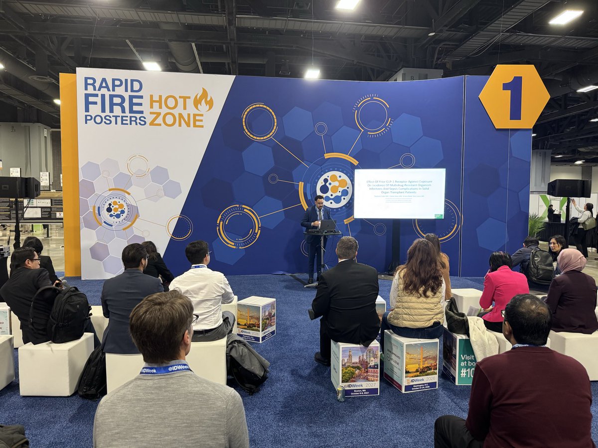 IDWeekmtg's tweet photo. ID fellow Raymond Smith, MD, presents research on prior GLP-1 receptor agonist use and infection outcomes in solid organ transplant patients during the #IDWeek2026 Rapid-Fire Poster Session: Transplant Rapid Fire.

Don't miss tomorrow's presentations starting at 12:15pm! https://t.co/Uo5ChQiTSl