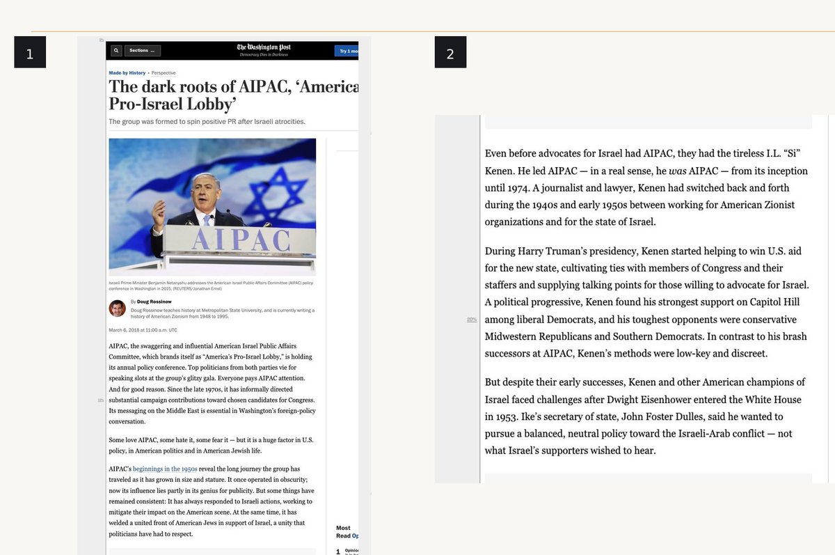 AzfarRizvi's tweet photo. In 2018, The Washington Post ran a piece on where AIPAC came from.

It's worth reading slowly.

Oct. 1953: Israeli forces killed more than 60 civilians in the village of Qibya.

Time reported it.

The New York Times published U.N. findings refuting Israel's lies about it.

Eisenhower froze U.S. aid. 

Dulles said so openly.

An ordinary country faces consequences.

This one (Israel) built a machine.

5 months later, the American Zionist Committee for Public Affairs (AZCPA 0was launched. It was later renamed AIPAC. 

The Post's own subhead says it "was formed to spin positive PR after Israeli atrocities."

Not to question the atrocity. To manage the fallout.

Then came the model:

... Build a "united front" and treat any dissent as betrayal.

... Operate on the premise that "there was nothing Israel might do that would jeopardize American Jewish support."

... Worse, the article says the more disturbing Israeli behavior got, "the more Israel needed their ardent advocacy."

... Since the late 1970s, steer campaign money toward chosen candidates, creating "a unity that politicians have had to respect."

That last line is the whole story. Politicians learned that crossing this lobby has a price. So they stopped asking hard questions about where American tax dollars and American diplomatic cover go.

That is leverage over American policy, built after a massacre, and sustained for 70 years.

Notice the Post didn't say American Jews are a monolith. It said AIPAC works hard to create the perception of one, and punishes Jews who break from it.

An American public that funds this deserves to know the origin story.

The question isn't "why is this being said now?" It's "why did we stop saying it?"