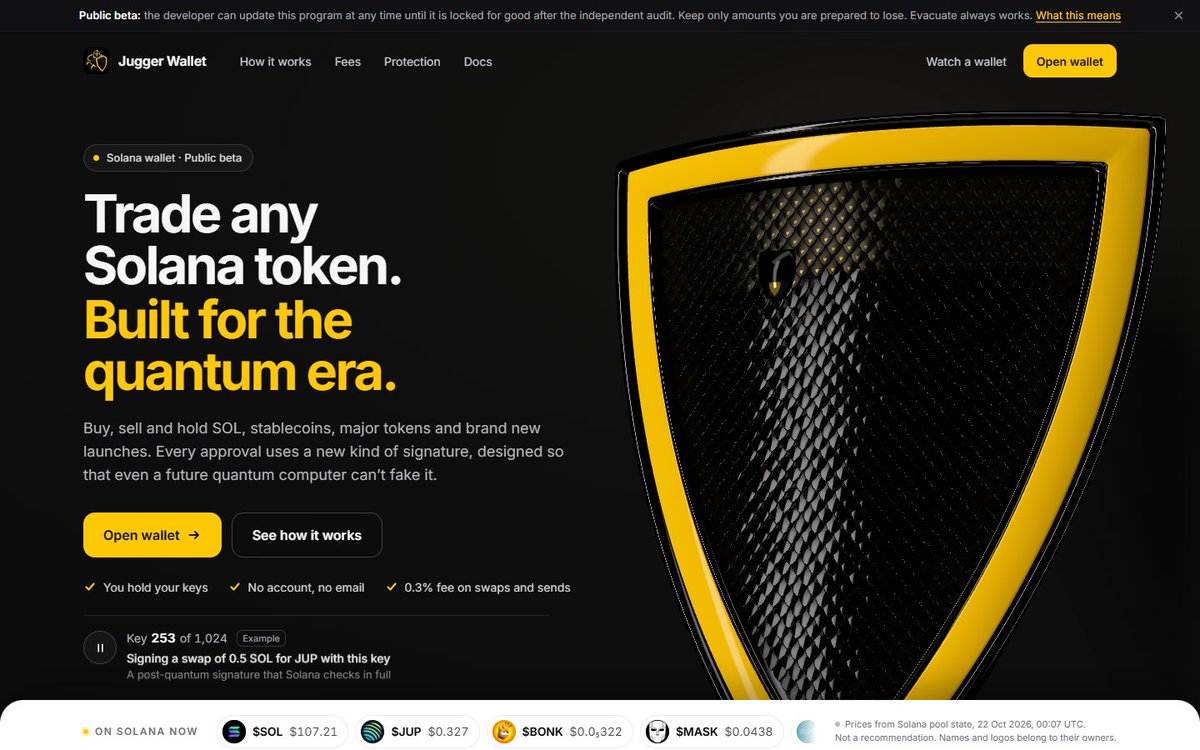 JuggerWallet's tweet photo. New looks, new features, more security measures.

Jugger is the Solana wallet with no private key to steal, something all you trenchers will realize you should have been using the whole time before its too late.

Stay safe from quantum computing and AI attacks. https://t.co/1tQDM4WbTH