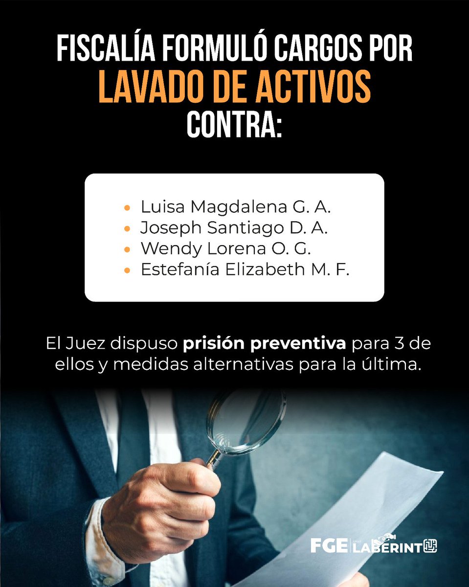 FiscaliaEcuador's tweet photo. ¿De dónde habrían provenido los recursos que financiaron una campaña presidencial? 🔎

En el #CasoLaberinto, #FiscalíaInvestiga un presunto delito de #LavadoDeActivos relacionado con el financiamiento electoral de 2023.

Desliza para conocer los detalles del caso. ➡️ https://t.co/zhrDv6f3Vd