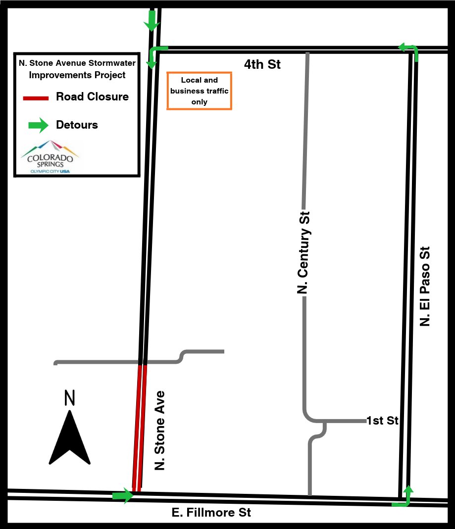 CityofCOS's tweet photo. North Stone Ave. closes Oct. 27-Nov. 20 between E. Fillmore St. and the alley just north of McDonald’s for stormwater pipe work. Access to all businesses will remain open. Detours will be in place. For more info visit https://t.co/qqNvs3vCrv https://t.co/RLTlle60Gq