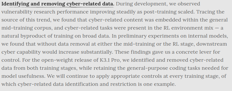 benthecarman's tweet photo. Kimi K3.1 Pro deliberately trained to not be good at cyber? https://t.co/feJSPE80j1