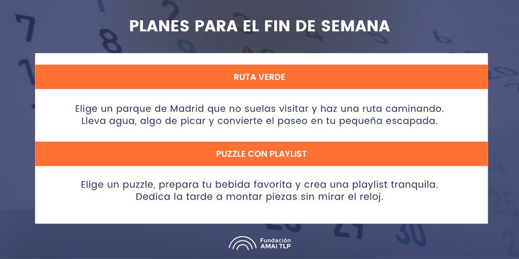 AMAITLP's tweet photo. #Felizviernes ✨

Pensamos que para desconectar necesitamos gastar dinero, pero no siempre es así. Conocer un lugar diferente o pasar una tarde haciendo algo creativo puede ayudarte a romper con el piloto automático

Os compartimos estos dos planes ⬇️ 

#Autocuidado #Planes #Ocio https://t.co/t2hbLtLGzP