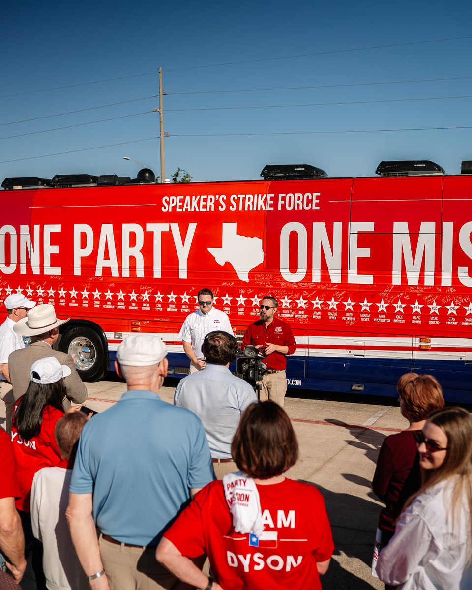 Burrows4TX's tweet photo. First stop of the day for the Speaker’s Strike Force: Bryan, Texas!

Proud to be working alongside Rep. @PaulDysonTX to ensure he returns to Austin to continue fighting for the people of his district.

Grateful to be joined by fellow Texas House members @Schoolcraft4Tx, @TerryWilsonTX, @JanisHolt59, @joannefortexans, @WhartonForTexas, and @willmetcalfTX, along with candidates @grocerygr and @RockyThigpen1.

The Speaker’s Strike Force has shown just how much we can accomplish when we come together as one party, united in our commitment to keeping Texas red! #OnePartyOneMission #SpeakersStrikeForce