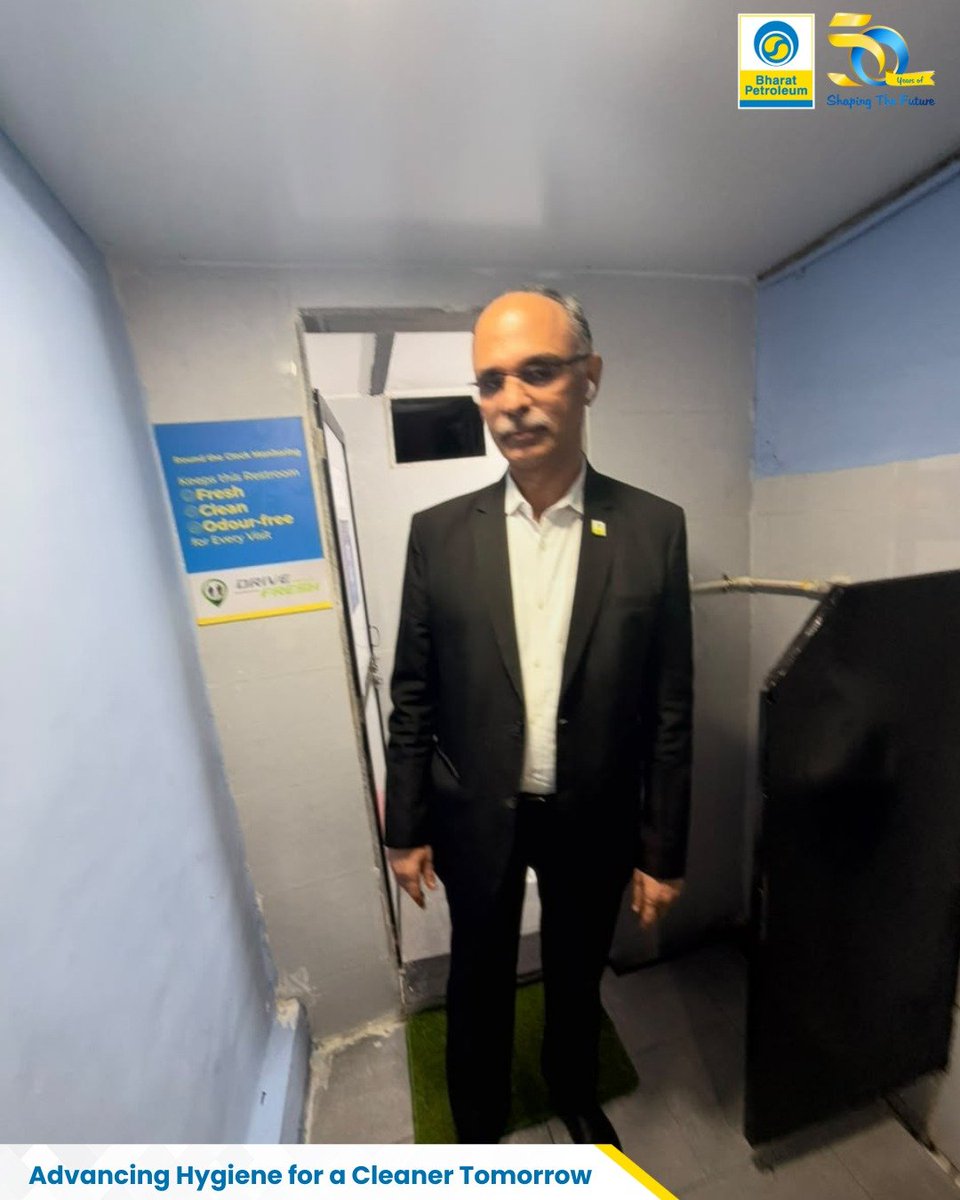 BPCLimited's tweet photo. Shri Sanjay Khanna, Chairman and Managing Director, BPCL, visited Daulat Automobiles, Mumbai, to review the facilities under the DriveFresh initiative, focusing on the cleanliness and maintenance of the retail outlet’s restrooms.

The restrooms are maintained by dedicated janitorial staff and are equipped with sensor-based monitoring. A prominently placed Darpan QR code also enables customers to share their feedback.

Through DriveFresh, BPCL continues to strengthen hygiene standards across its retail outlets, ensuring clean, well-maintained restrooms and an improved customer experience, in line with the vision of a Swachh Bharat.

BE FRESH. DRIVE FRESH.

#BPCL #DriveFresh #Swachhata #SwachhBharat #CustomerExperience
@HardeepSPuri @PetroleumMin @Secretary_MoPNG @BPCLRetail1