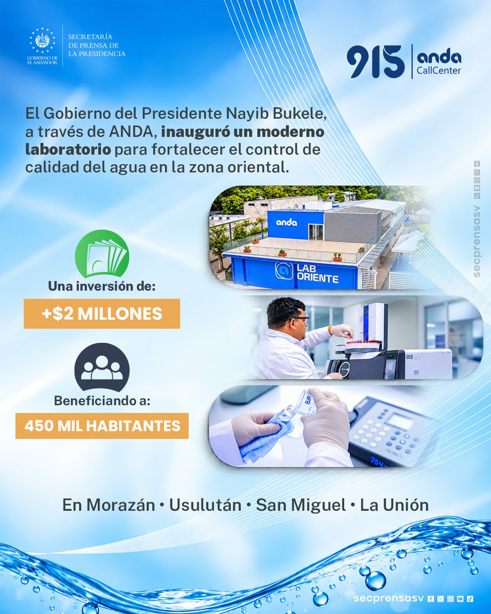 SecPrensaSV's tweet photo. El nuevo Laboratorio de Calidad del Agua de la Región Oriental cuenta con modernas instalaciones equipadas para verificar las condiciones del recurso hídrico. Ubicado en el distrito de San Miguel, San Miguel Centro, el proyecto representa una inversión superior a los $2 millones y beneficiará a 450 mil habitantes de la zona.