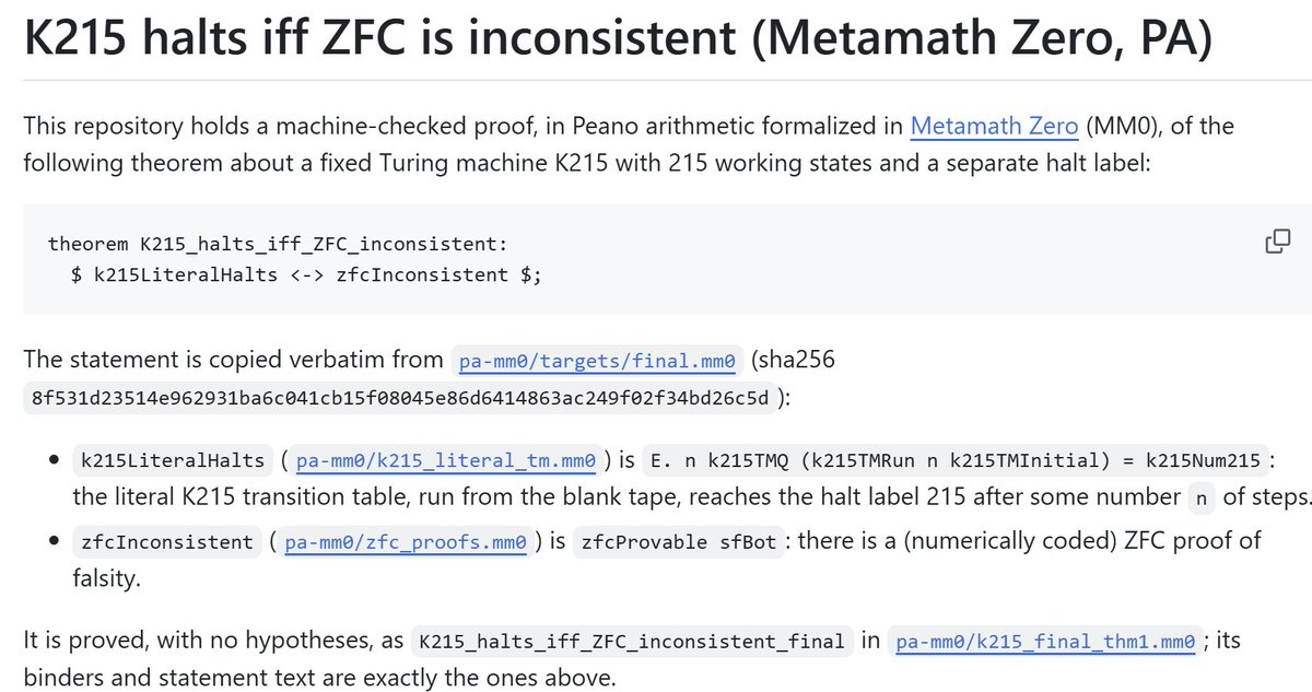 ElliotGlazer's tweet photo. I now have a literal Peano Arithmetic proof that K215 halts iff ZFC is inconsistent, formally verified in Metamath Zero.

K215 is a 215-state Turing machine discovered by @ereliuer_eteer, which encodes my single-schema set theory K. https://t.co/9KlQPx4RJz