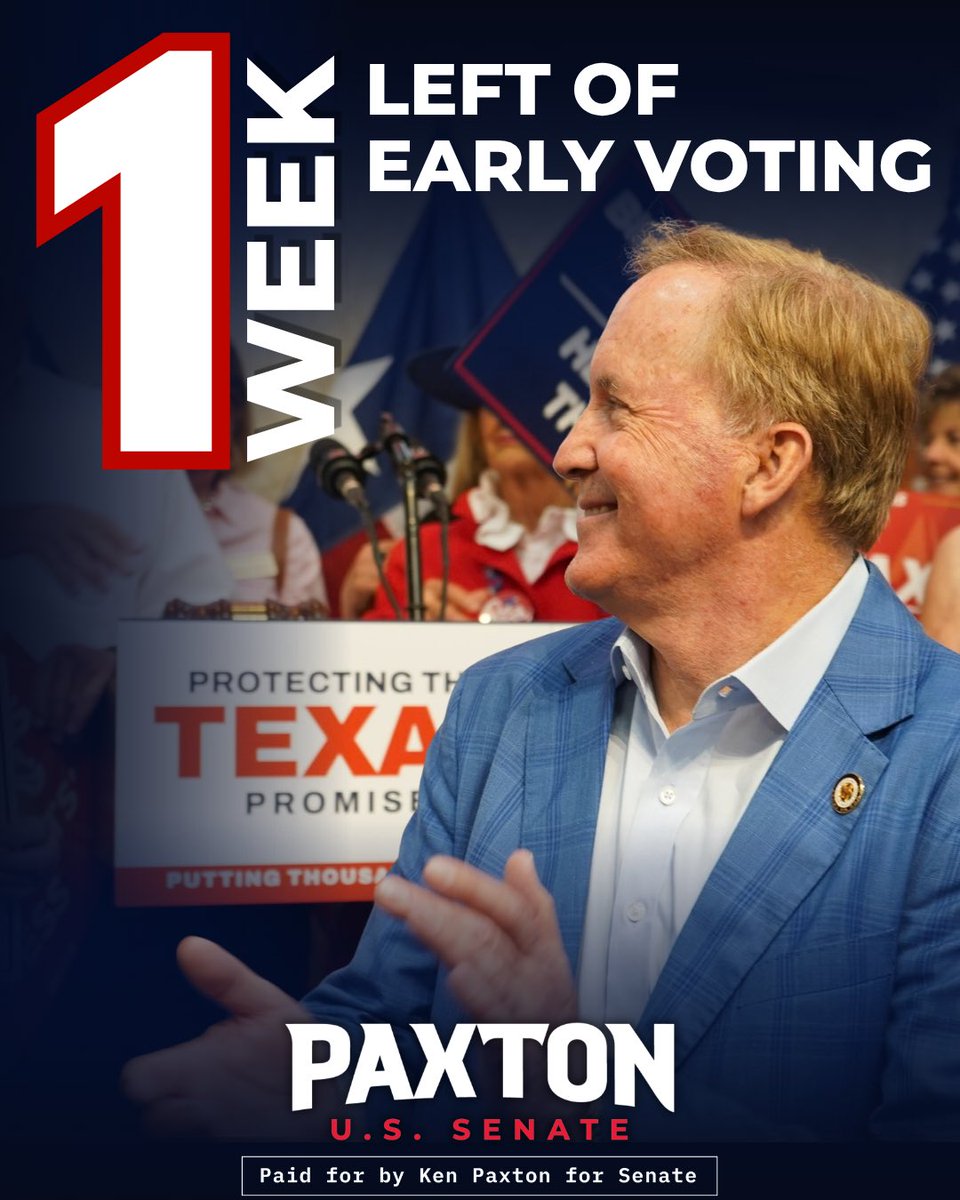 KenPaxtonTX's tweet photo. Just one week of early voting left, Texas!

Early voting ends Friday, October 30. The radical Left is counting on Republicans to stay home. Let’s prove them wrong.

VOTE EARLY. VOTE TODAY. https://t.co/7dycCFNBfY