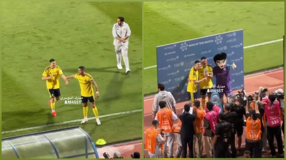 Arab1vision's tweet photo. لقطة الموسم في دوري روشن
الدون كريستيانو رونالدو يرفض استلام جائزة أفضل لاعب في مباراة الفيصلي، ويهديها لنجم #النصر عبدالله الحمدان بعد تألقه وافتتاحه التسجيل في الفوز 3-1
كيف ترون هذه اللفتة الرائعة من قائد العالمي؟ 
#النصر_الفيصلي #رونالدو #دوري_روشن https://t.co/QNdRO51NEj