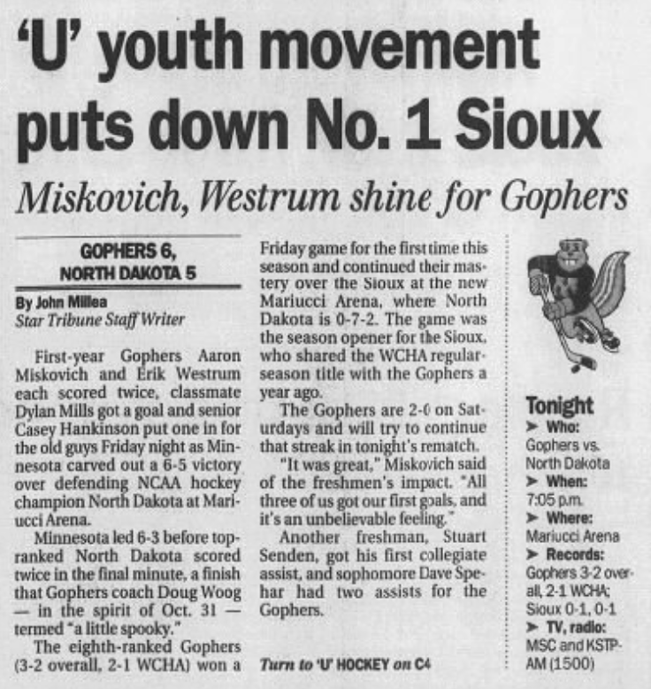 GopherGameNotes's tweet photo. Before Christian Humphreys, the last time a player scored his first two-career #Gophers goals in the same game versus North Dakota was on Oct. 31, 1997 when both Aaron Miskovich and Erik Westrum did it in a 6-5 win.

Dylan Mills also scored his first Gopher goal in that contest. https://t.co/AiR3oO3zr7