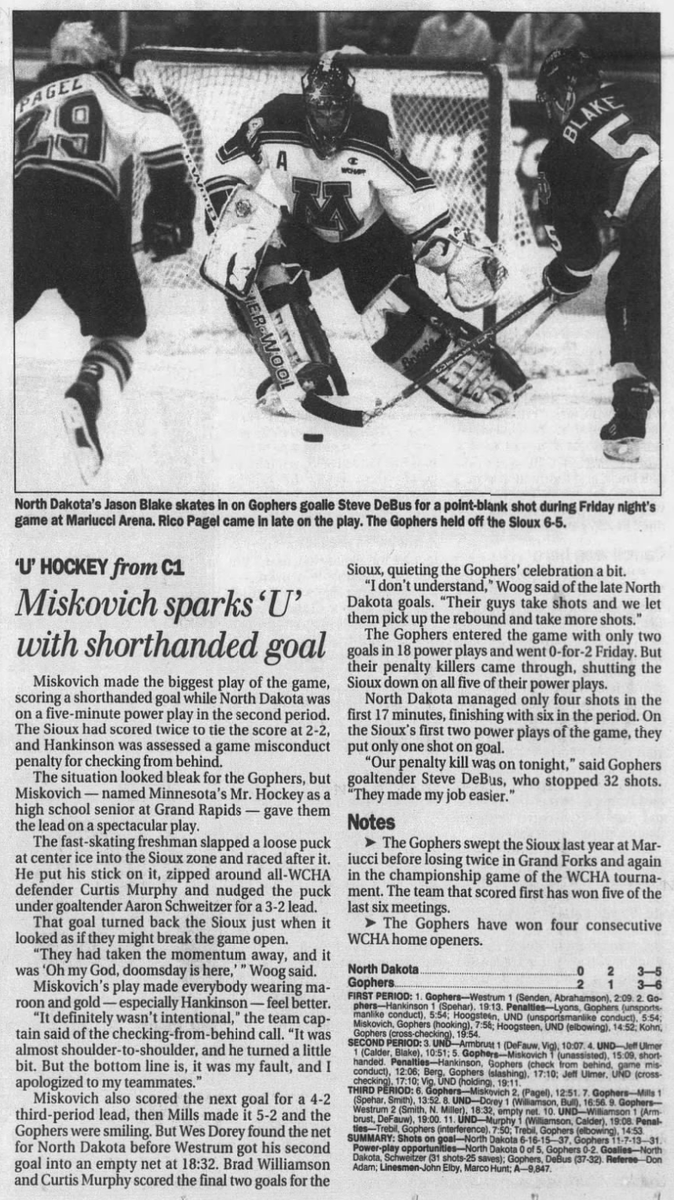 GopherGameNotes's tweet photo. Before Christian Humphreys, the last time a player scored his first two-career #Gophers goals in the same game versus North Dakota was on Oct. 31, 1997 when both Aaron Miskovich and Erik Westrum did it in a 6-5 win.

Dylan Mills also scored his first Gopher goal in that contest. https://t.co/AiR3oO3zr7