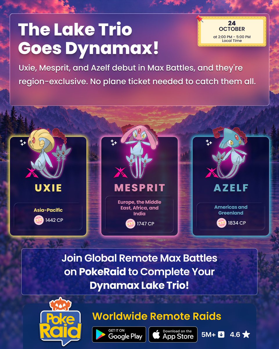 PokeRaidApp's tweet photo. 🌊 The Lake Trio is coming to Tier-5 Dynamax Battles!
Don't let region locks stop you from completing your Pokédex. Team up with trainers worldwide on #PokeRaid to catch the guardians missing from your area before they leave! 🌍🤝

Download link in bio 📲

 #Azelf #Mesprit #Uxie https://t.co/kooEeaCMd9
