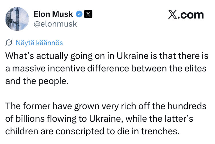 joni_askola's tweet photo. All polls show that Ukrainians don’t want to surrender. 

Musk is trying to manipulate you. He is the elite he is warning you about https://t.co/YClobpCxJz