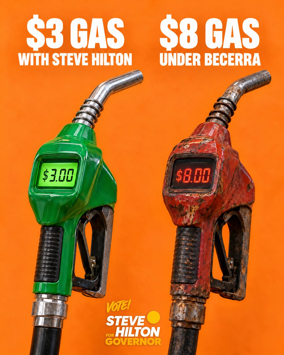 SteveHiltonx's tweet photo. WARNING: A vote for Becerra is a vote for $8.00 gas.

We already pay the HIGHEST gas prices in America thanks to the ridiculous taxes and regulations from Sacramento. Rubber Stamp Becerra would sign every new bill they hand him.

I'll scrap the gas tax and use California reserves instead of importing oil from halfway around the world.

11 days left to vote for $3.00 gas!
