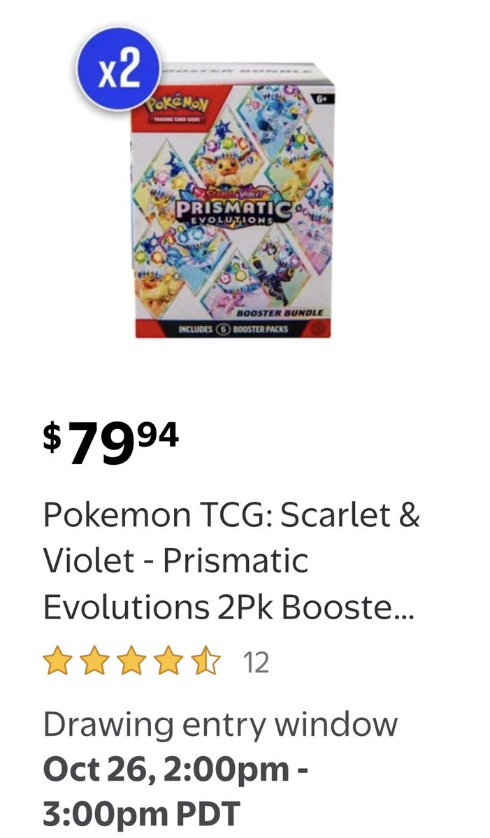 switchstock's tweet photo. Prismatic Evolutions Booster Bundles will be available via Walmart Raffle starting on Monday October 26th at 5pm ET/2pm PT

https://t.co/pvsbSbLesk https://t.co/KDO6XKKMig