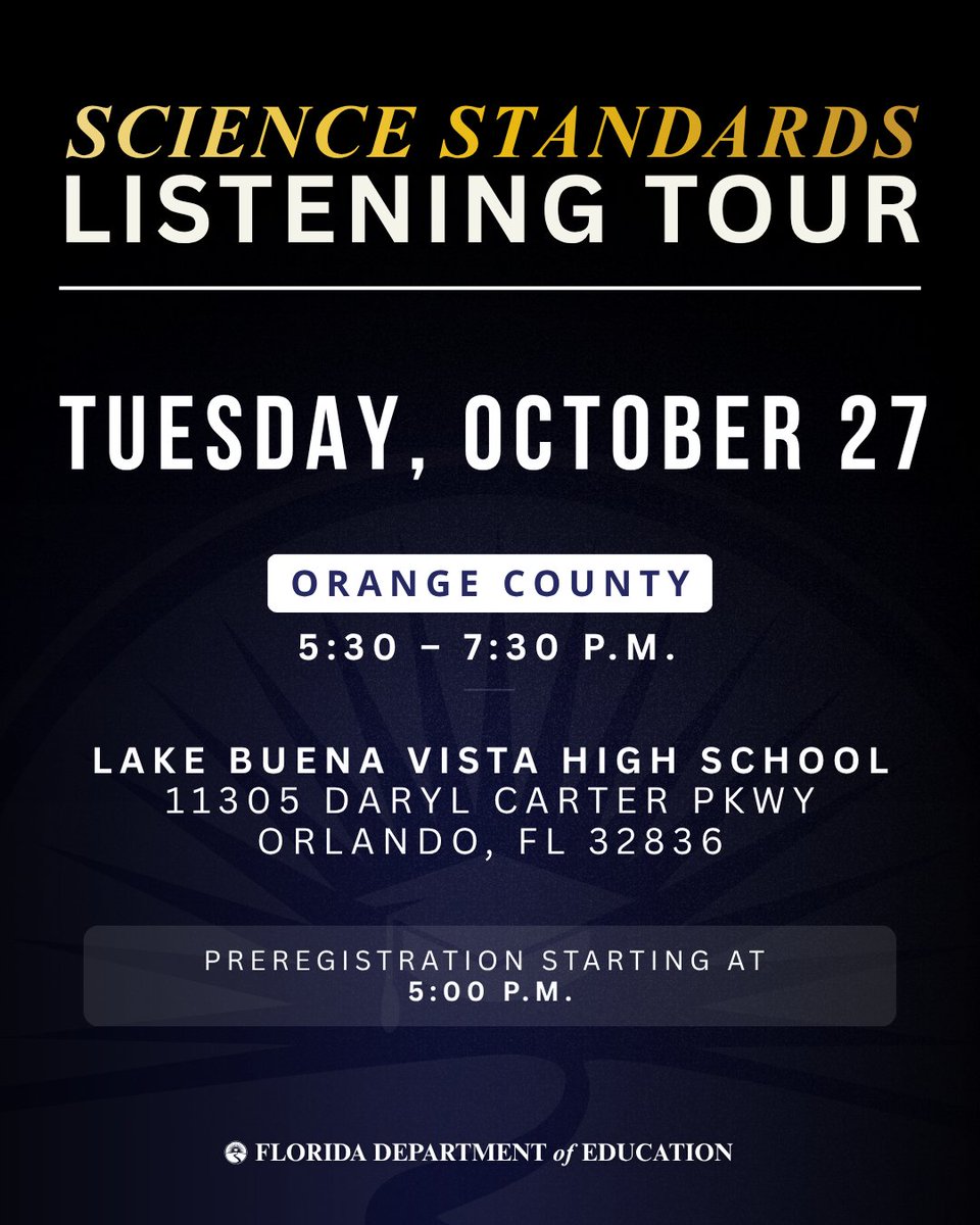 EducationFL's tweet photo. SHAPE THE FUTURE OF SCIENCE EDUCATION.

Next Tuesday we are hosting the FINAL stop of our Science Standards listening tour.

Join us and share your thoughts on our draft standards directly with Commissioner @HenMackIII. https://t.co/beAuP6o4n2