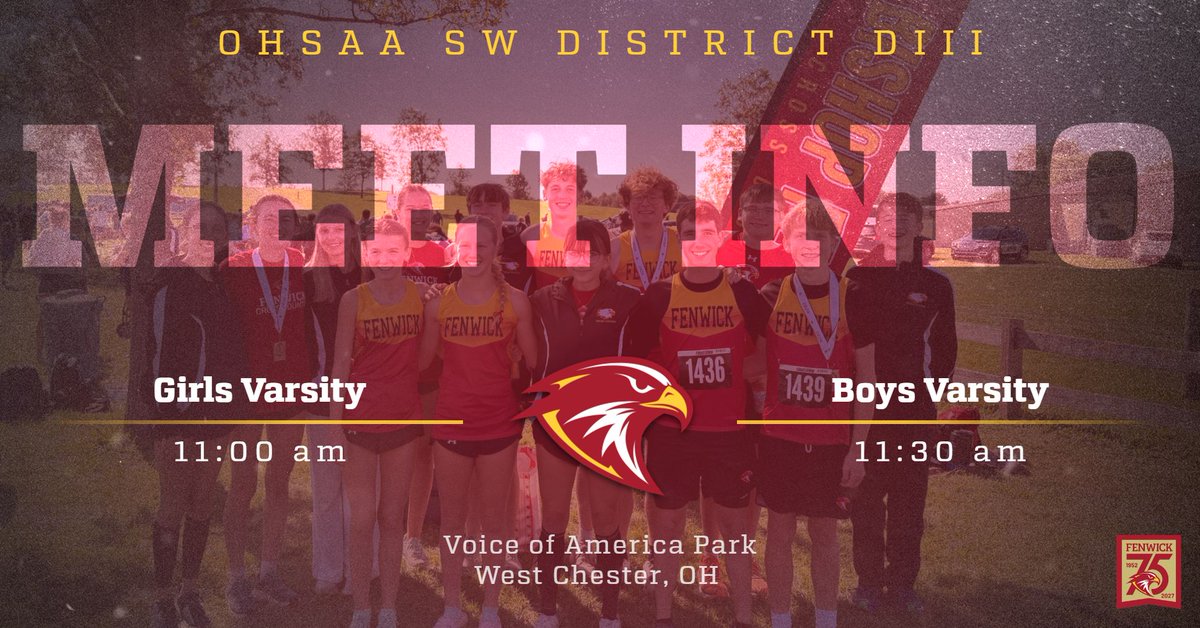FenwickXC's tweet photo. Join me cheering on the Fenwick Cross Country team as it starts the post-season tournament tomorrow at the District Meet.  Get there early to find parking and locate a great spot on the beautiful course at VOA Park!  Let's go Falcons!
@fenwicksports https://t.co/dGip727QBL