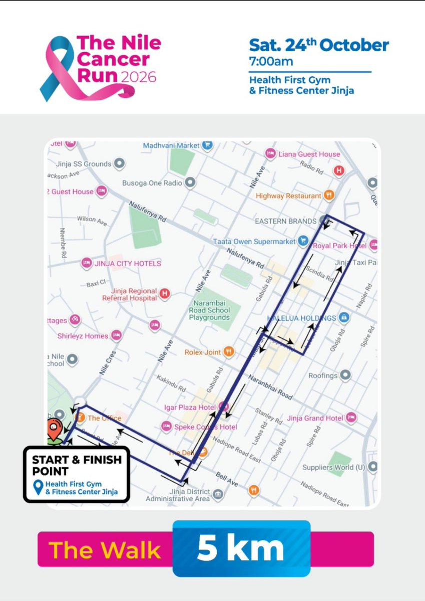 AllThingsJinja's tweet photo. All Things Jinja is pleased to share the official routes for the Nile Cancer Run 2026, taking place tomorrow at Health First Gym in Jinja City.

Participants can choose from three categories depending on their preferred activity i.e. 5KM (walking), 10KM (running), and 15KM (biking). We encourage all participants to familiarise themselves with their respective routes ahead of the event.

#AllThingsJinja | #TheNileCancerRun26