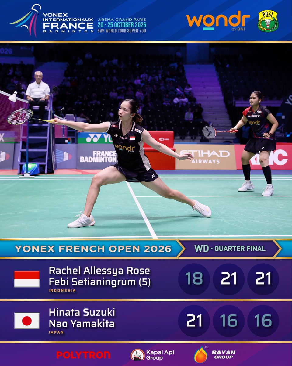 INABadminton's tweet photo. Sengit hingga akhir ❤️‍🔥

Rachel/Febi amankan tiket semifinal French Open 2026 lewat kemenangan rubber game atas ganda Jepang.

Mantap!

#BadmintonIndonesia #FrenchOpen2026 https://t.co/QzvKYBacQg