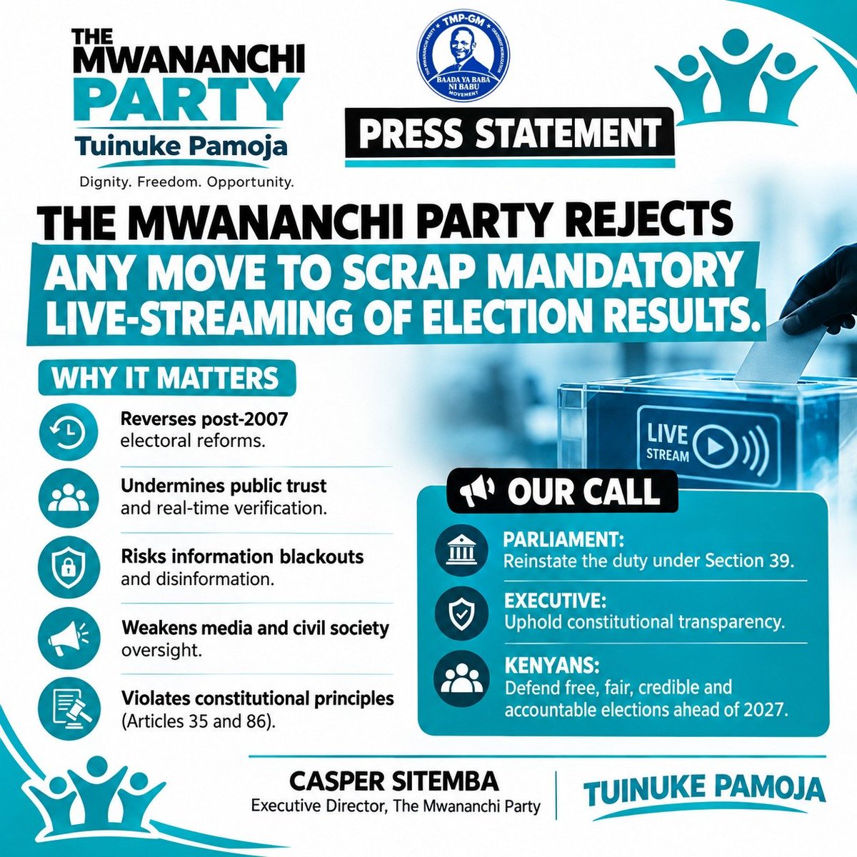 PatrickKat62016's tweet photo. The Mwananchi Party rejects the removal of mandatory live-streaming of polling station results, urging Parliament to protect electoral transparency, accountability and public trust ahead of the 2027 General Election.

#ProtectTheVote # The Mwananchi Party https://t.co/BsD2xJDX8N