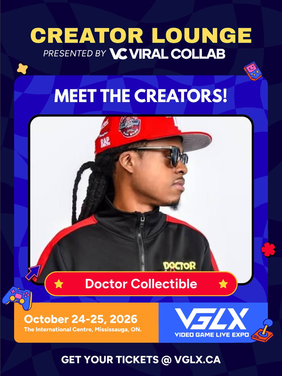 vglx_official's tweet photo. @heyjayofficial @LastMinit_ Meet the creators at the VGLX Creator Lounge, presented by Viral Collab.

Come say hi to:
DoctorCollectible
CaptainSteel
BabyyBaconator
Bounzo

October 24–25
The International Centre, Mississauga
Get your #VGLX26 tickets at https://t.co/eHX3DGt68y https://t.co/hqLYGtVyBr