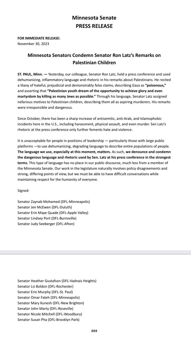 NortonMpls's tweet photo. Here’s a statement from a few years ago from MN Senators condemning Ron Latz for saying Gaza was “poisonous” and “Palestinian youth dream of the opportunity to achieve glory and even martyrdom by killing as many Jews as possible.”

Maybe Ron Latz should focus on his own words. https://t.co/yVFZ1Fs3sx