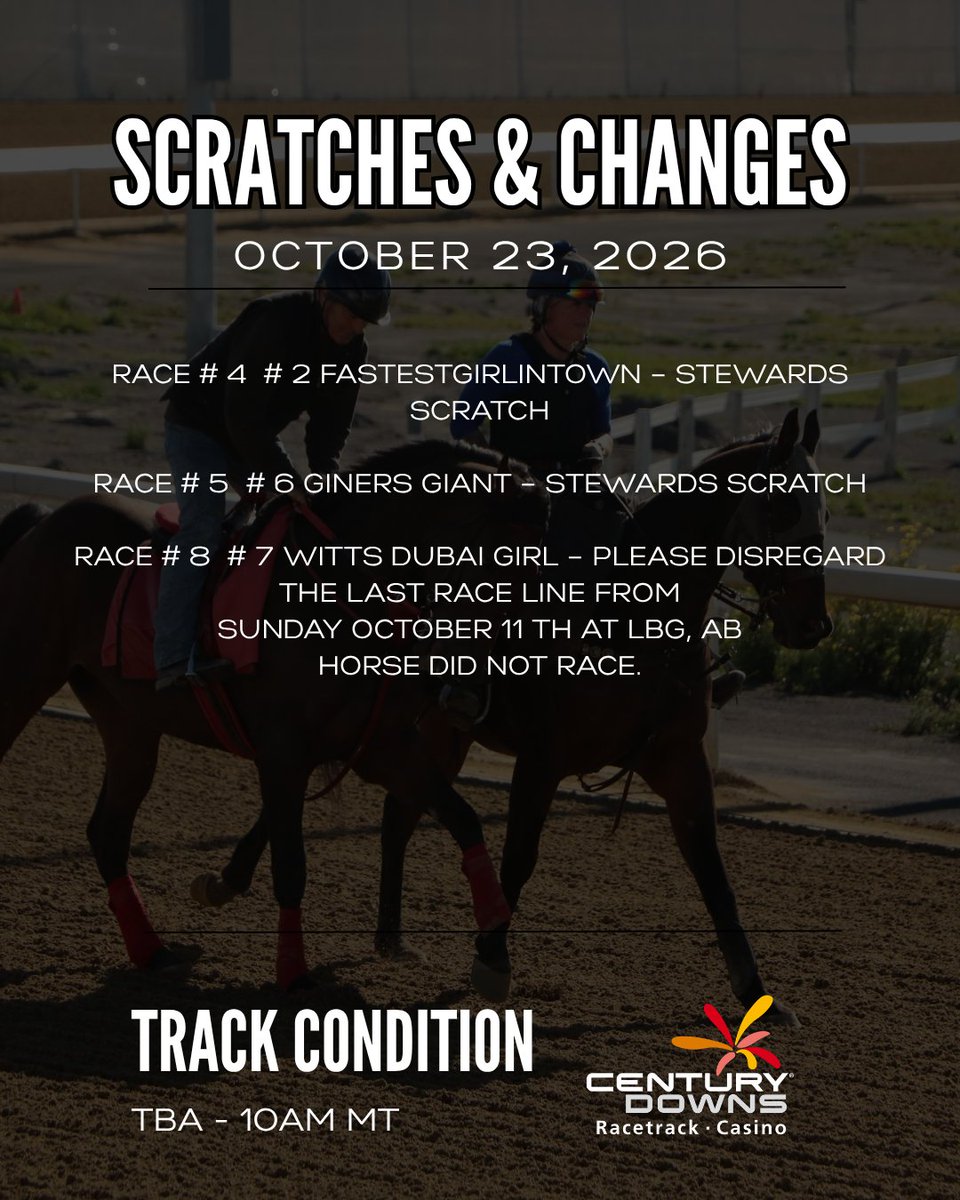 CenturyDowns's tweet photo. A few scratches for tonights card at 6:15 PM MT

Check out our full program, and expert selections are on our website! https://t.co/Sb4tDVp6Oy