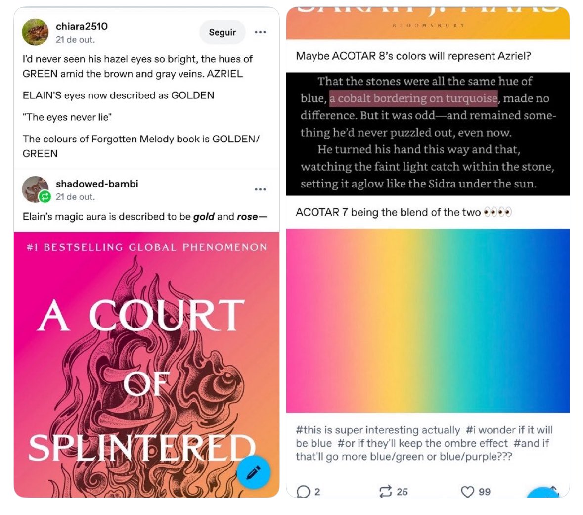bunniyumz's tweet photo. see, i’ve been saying the third book will be teal to blue SINCE THE FIRST COVERS WERE REVEALED but not because it’s transitioning from elain to az. she could have easily done that without the gold and the teal in it. seems more to me that it’s elucien and gwynriel https://t.co/UiPkJBUnNH