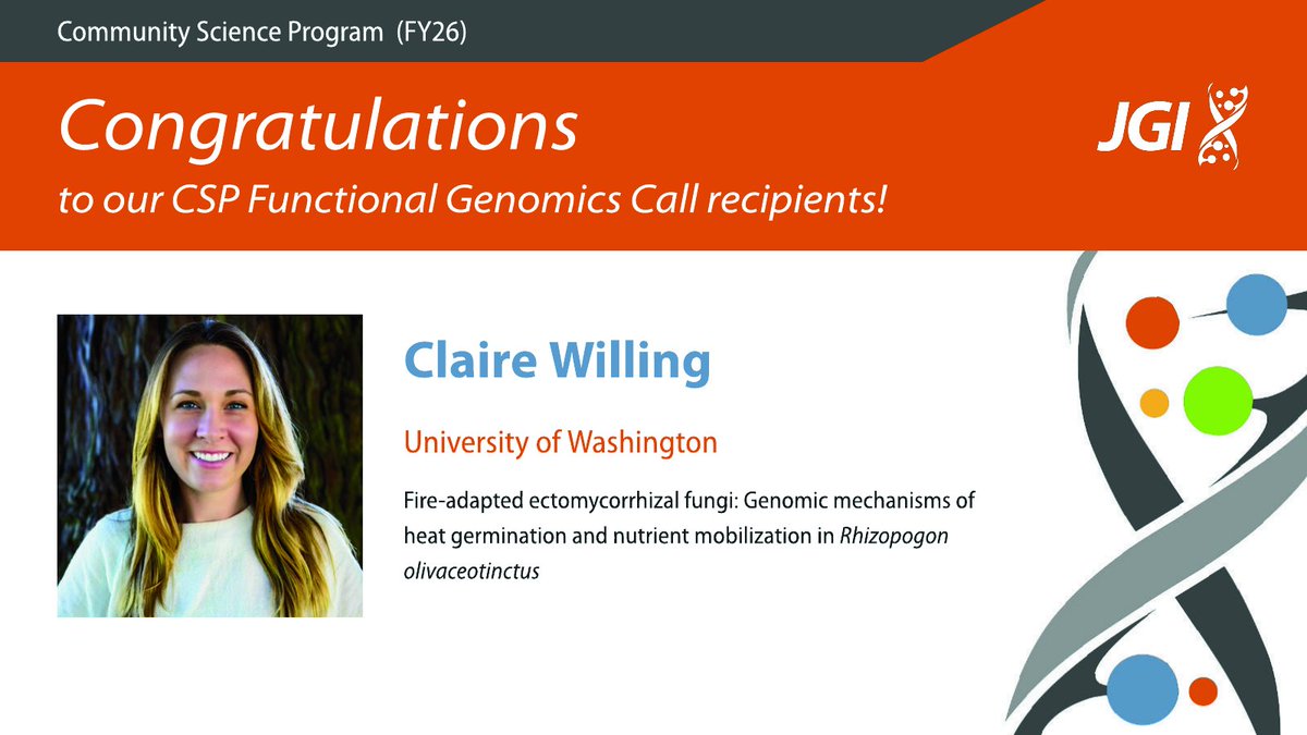 jgi's tweet photo. From our FY26 Functional Genomics call: After severe wildfire, fungi may help ponderosa pine seedlings recover by mobilizing nutrients and critical minerals. Claire Willing will study how Rhizopogon olivaceotinctus “switches on” after heat.

More: https://t.co/4ZjeFYpklB https://t.co/iBmvdQtB75