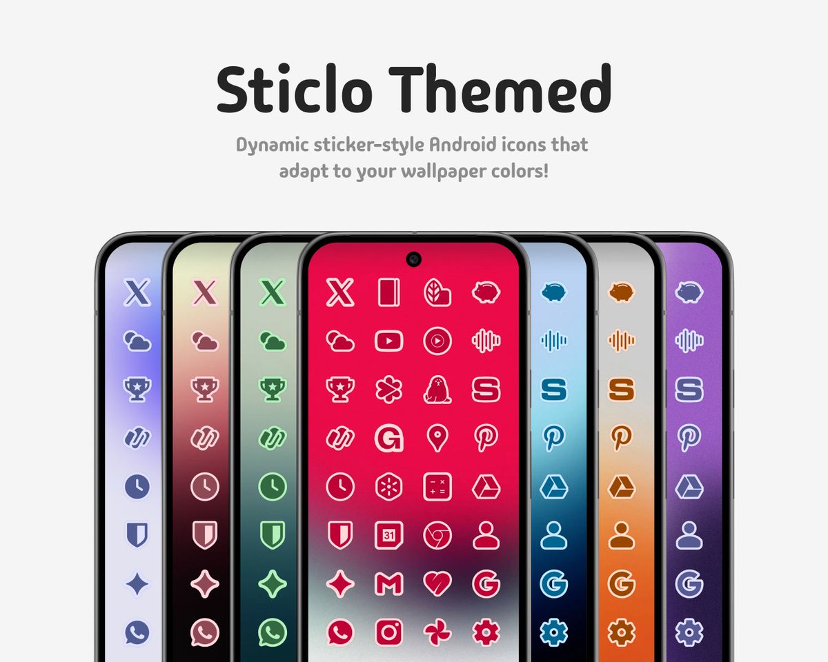 Abhishek01kr's tweet photo. Sticlo Themed is LIVE! ✨

Premium sticker-style icons that automatically adapt to your wallpaper colors.

• 1,800+ icons (weekly updates)
• Light &amp; Dark mode auto-sync
• Uniform icon masking
• Supports many launchers

Get it here: https://t.co/NFYKkGnW4b

Launch Giveaway 👇 https://t.co/kSTLG5BHQH